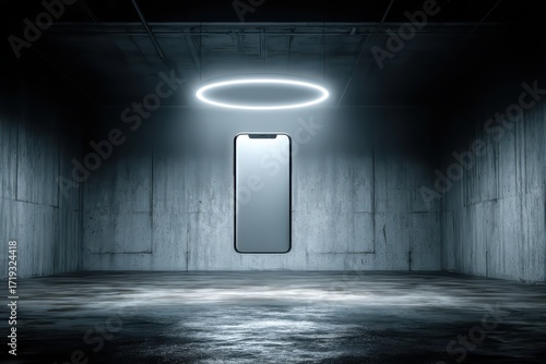 Modern smartphone with glowing ring light in dark concrete room