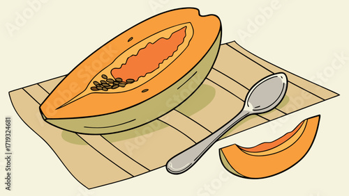 Illustration of sliced papaya fruit with spoon on table for healthy eating and tropical food diet