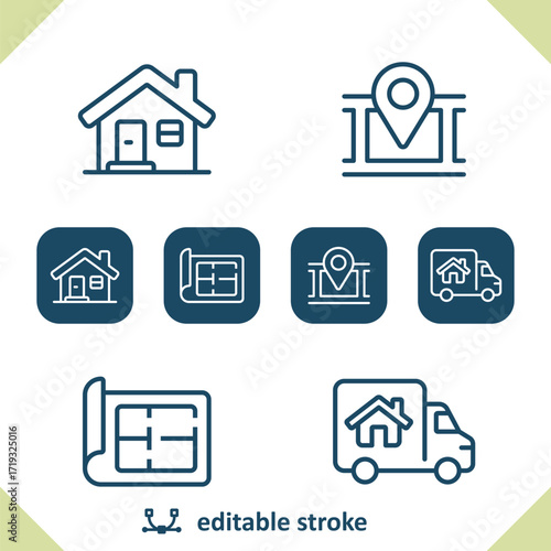 Real Estate Icons. House, Home, Map, Blueprint, Moving Van Icon