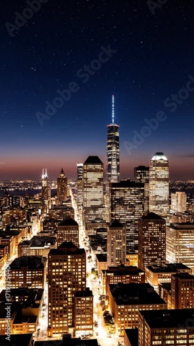 Nighttime cityscape view of New York City with illuminated skyscrapers.