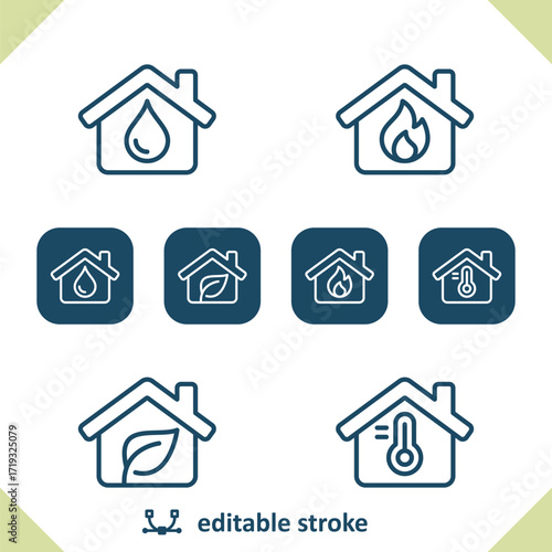 Real Estate Icons. House, Houses, Building, Water Drop, Fire, Leaf, Thermometer Icon
