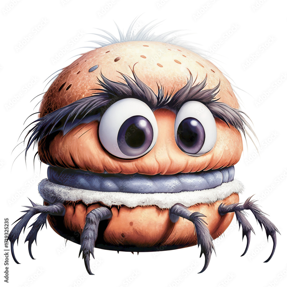 Fototapeta premium Halloween Fast Food Monsters A quirky, animated burger with large eyes and hairy features.