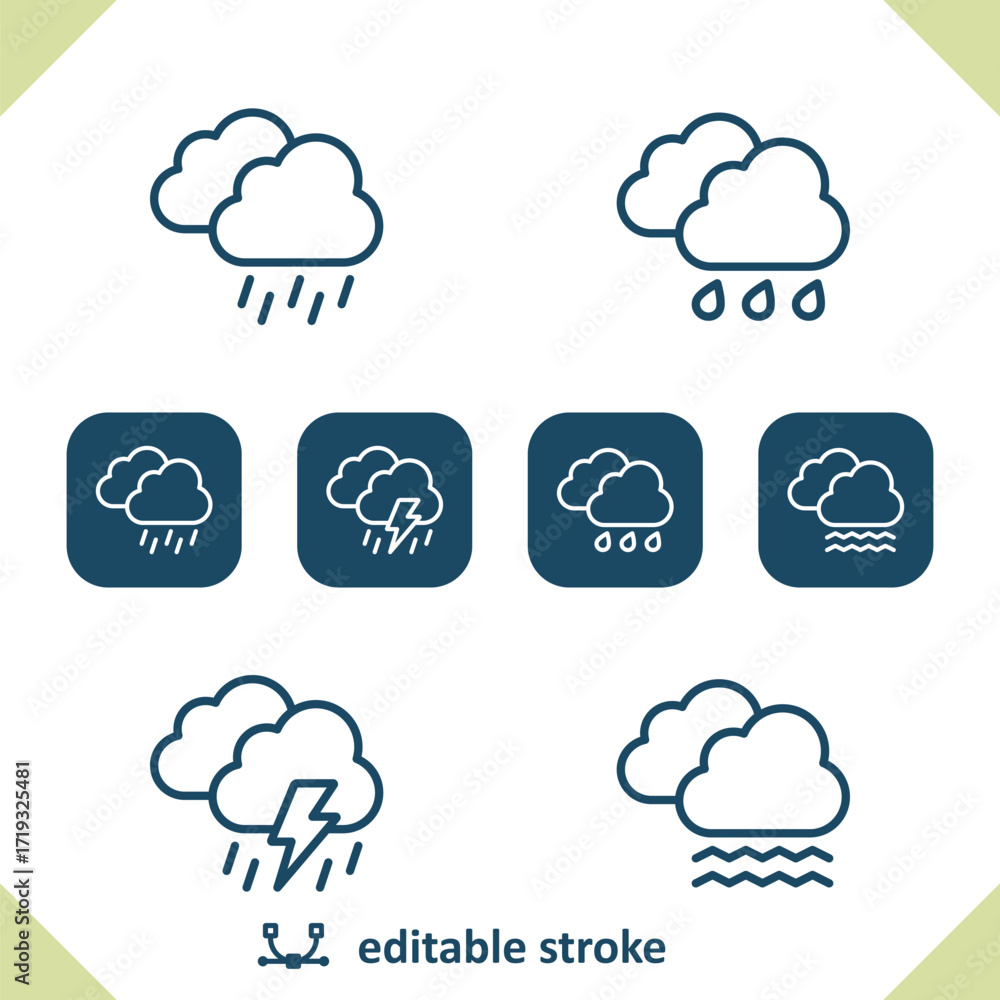 Obraz premium Weather Icons. Cloud, Rain, Raining, Lightning Bolt, Storm, Fog