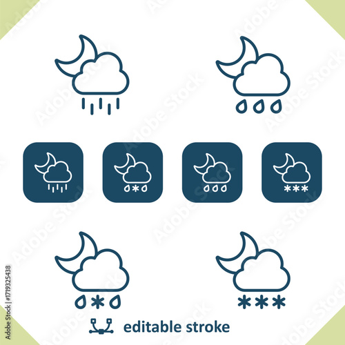Weather Icons. Cloud, Moon, Night, Rain, Raining, Sleet, Snow, Snowing