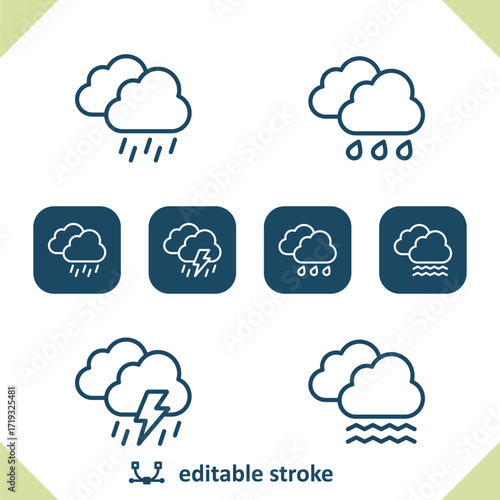 Weather Icons. Cloud, Rain, Raining, Lightning Bolt, Storm, Fog