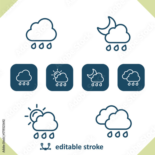 Weather Icons. Raining, Rain, Cloud, Sun, Day, Moon, Night