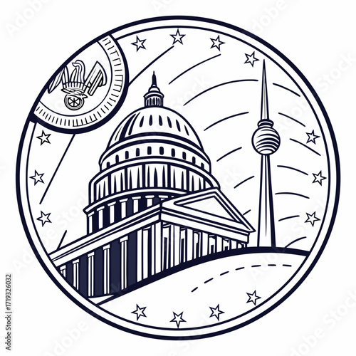Illustration of the united states capitol building and berlin tv tower in a circle, symbol of international cooperation and cultural exchange between the usa and germany