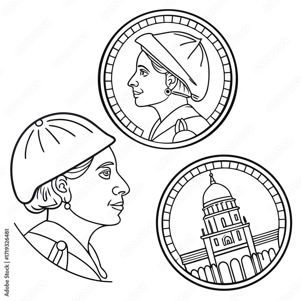Vector art of three line drawings of coins depicting eva pern and casa rosada evita was the wife of argentine president juan pern, and served as the first lady of argentina