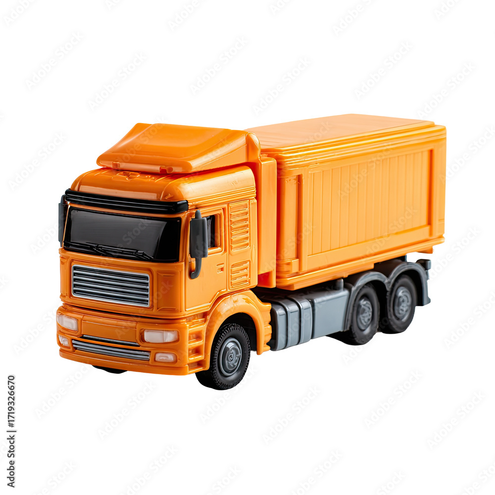 Fototapeta premium Orange toy truck, cab-over-engine design, boxy cargo bed