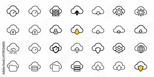Versatile cloud computing icons representing data security, upload, download, and networking options for modern IT and tech solutions
