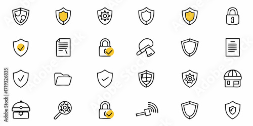 Assorted security icon set for website or app design, offering protection, verification, and safety features in a modern, clean style, scalable graphic