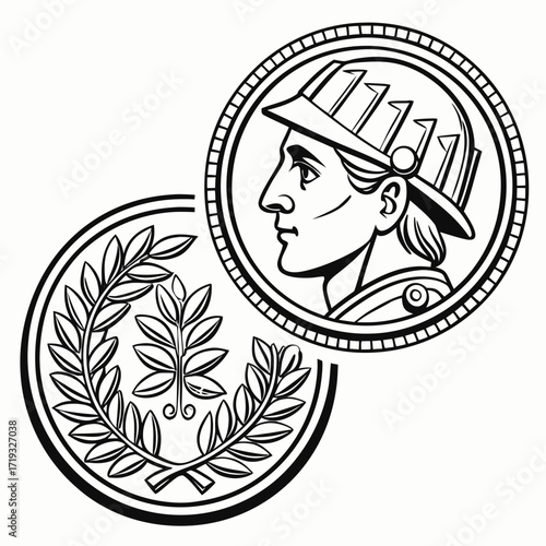 Illustration of ancient coins featuring a helmeted figure and a laurel wreath, a symbolic representation of history, victory, and classical antiquity