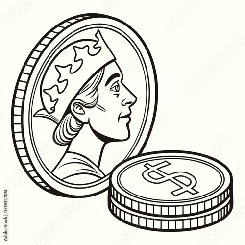 Illustration of a queen on a coin, with another coin featuring a dollar sign, a symbolic representation of wealth, royalty, and financial transactions