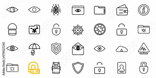 Modern icon set offers security solutions and data protection, providing visual elements for cybersecurity, privacy, and confidential data themes