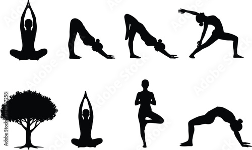 Yoga poses silhouette, meditation vector, tree pose illustration, wellness clipart, spiritual balance, fitness design, calm posture, nature harmony