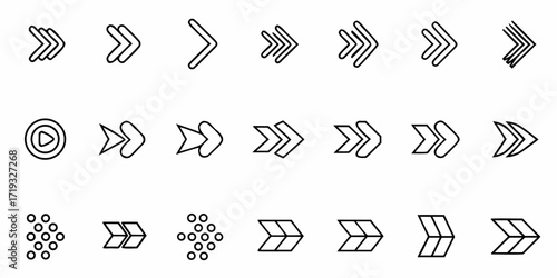 Collection of dynamic directional arrow icons for modern interface design, perfect for navigation and user experience elements, versatile and clean aesthetic