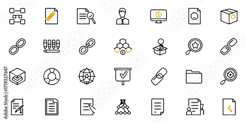 Dynamic icon set highlighting business processes, connectivity, and document management for modern enterprise solutions, originally a scalable graphic