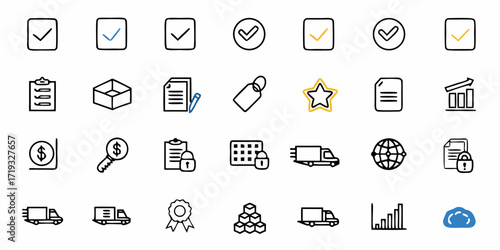 Streamline your business operations with these hand-drawn icons for efficient workflow, covering checklists, finance, delivery, security and growth tracking