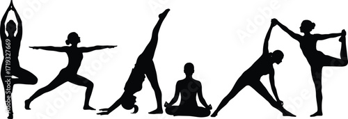 Yoga poses silhouette, meditation and exercise, women in yoga positions, black silhouette yoga, fitness and wellness lifestyle image