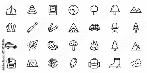 Whimsical camping adventure icons ready for your designs, perfect for outdoor enthusiasts and nature lovers, simple adventure symbols, set of outdoor drawings