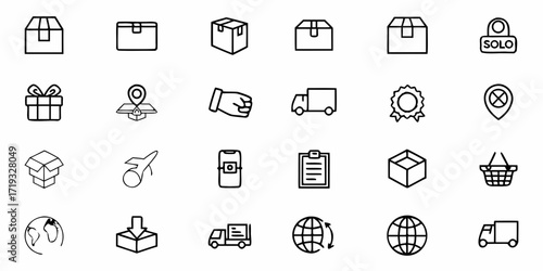 Streamline your logistics with this versatile set of delivery and shipping icons, perfect for websites and apps focused on modern ecommerce solutions