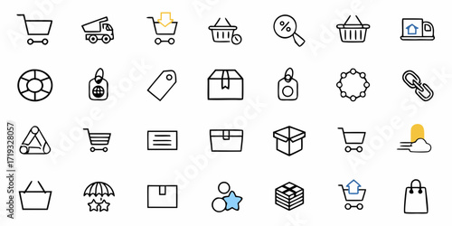 Dynamic shopping icons for website or app design, e-commerce graphics, online retail symbols, modern business elements, scalable vector line art