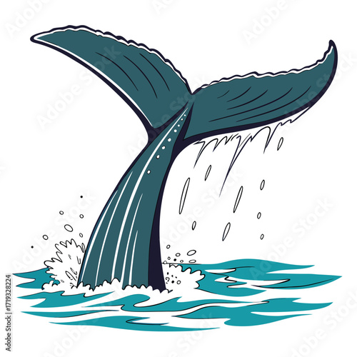 A beautiful illustration depicting a whale tail breaching the ocean surface
