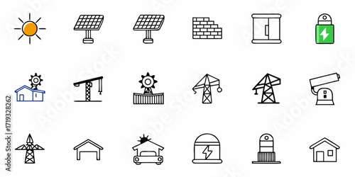 Sustainable energy and construction icons representing solar power, building, and eco-friendly designs for environmental projects and innovative solutions