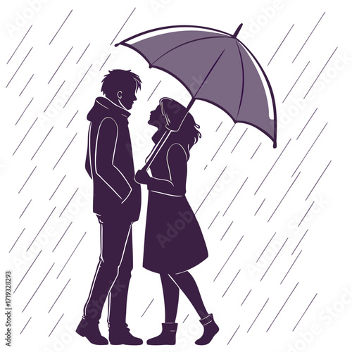 Couple sharing a romantic moment under an umbrella in the rain