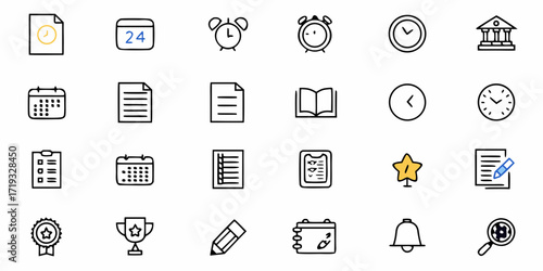 Essential productivity icons for modern time management, scheduling, and academic success, ideal for business, education, and organizational projects