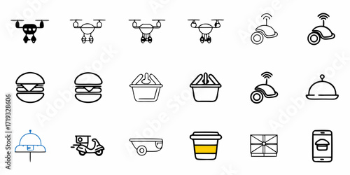 Streamlined food delivery icons for apps and web, featuring drones, scooters, mobile ordering, and packaging for modern on-demand services