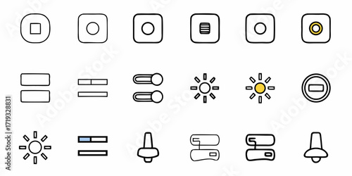 Modern UI kit icons for apps and website design, customizable control elements, intuitive user interface with settings and brightness adjustments