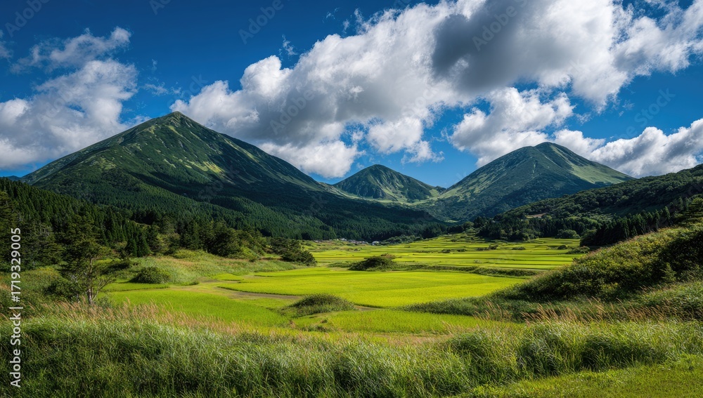 Fototapeta premium Lush green mountains, rice paddies, and a vibrant sky create a peaceful landscape.