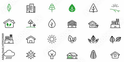 Illustrative symbols blend ecological awareness with urban living in a modern, minimalist style perfect for eco-friendly campaigns and sustainable design projects