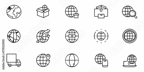 Global logistics icons symbolize worldwide shipping and delivery for businesses expanding internationally, a modern design perfect for websites and apps