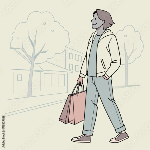 A young person walking with shopping bags on a city street