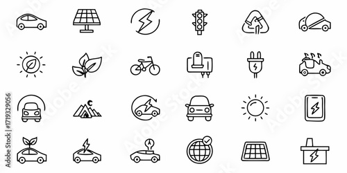 Eco friendly transportation and energy icons for a sustainable future project, featuring electric vehicles, solar panels, and recycling symbols in minimalist style