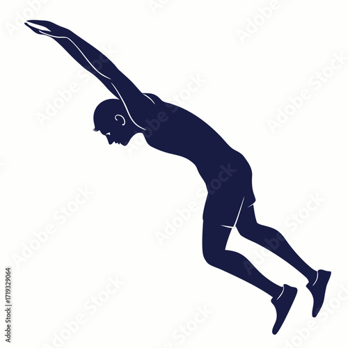 Silhouette of an athlete mid air performing a dynamic swimming stroke