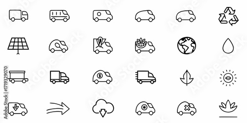Eco-Friendly Transportation and Sustainability Icons, Featuring Electric Vehicles, Recycling, and Renewable Energy Solutions for a Greener Future