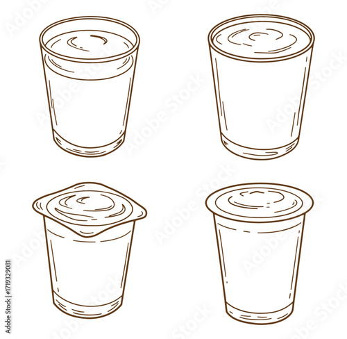 Simple outline illustrations of yogurt cups in different packaging styles for design