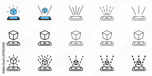Futuristic technology display icons showing holographic projection of 3D cube, creative innovation concept, modern tech interface, scalable vector graphics