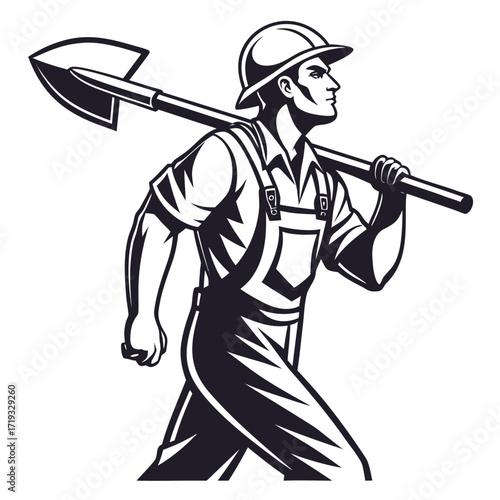 Strong worker carrying a shovel over his shoulder in black and white