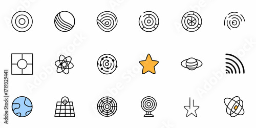 Explore space and science icons for your project, planets, stars, atoms, and more for a futuristic design or educational materials with this scalable set