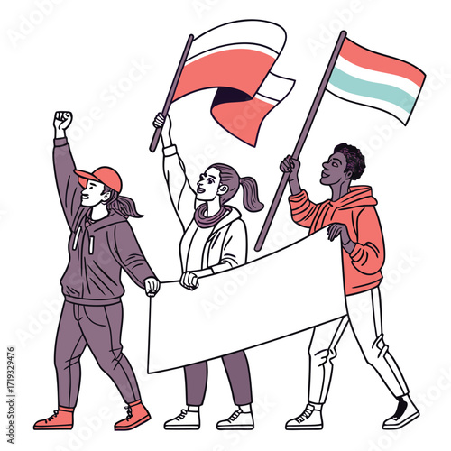 People celebrating with flags raised in a supportive demonstration