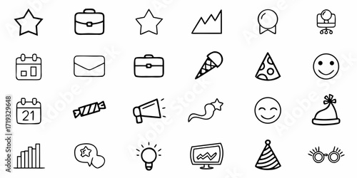 Versatile hand-drawn icon set perfect for enhancing websites, presentations, and marketing materials with a touch of playful creativity and clarity
