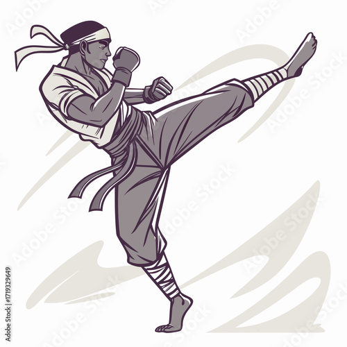 A dynamic illustration of a martial artist performing a powerful kick