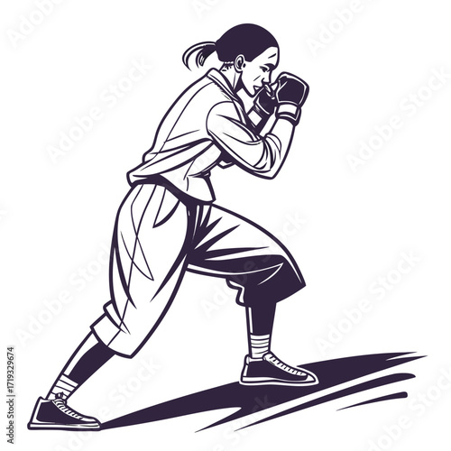 A stylized illustration of a female boxer in a fighting stance