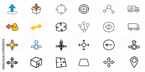 Versatile navigation icon set offering a range of controls, movement options, and direction indicators for web design and user interface projects