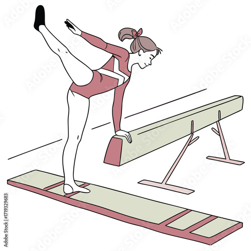Gymnast performing a balance beam routine with focused concentration and skill