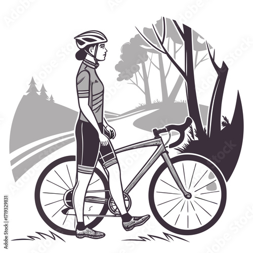 A cyclist walking alongside their road bike in a scenic landscape